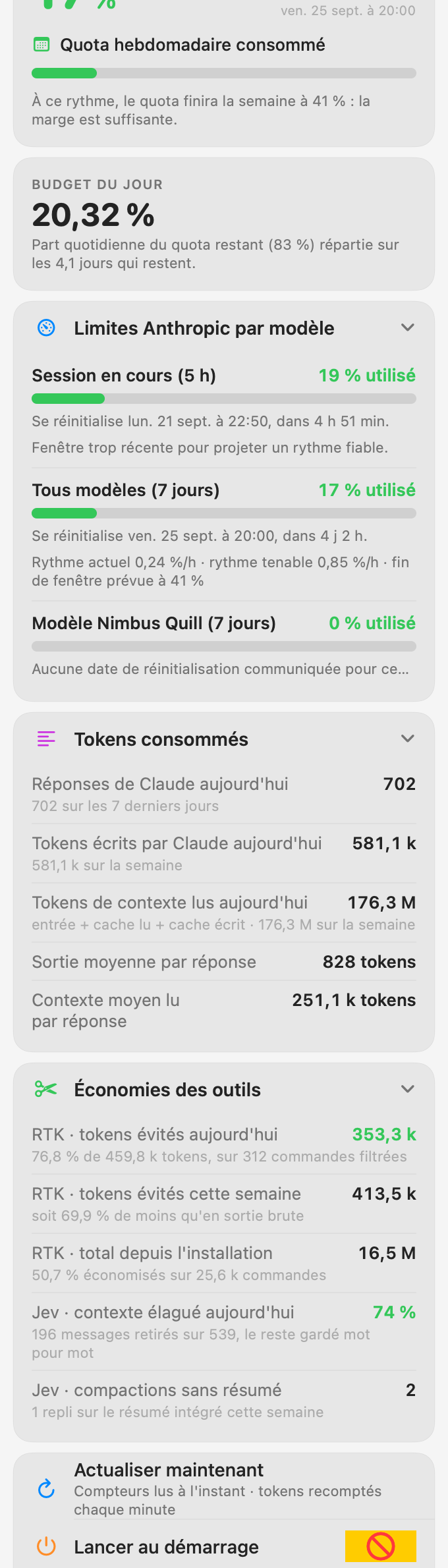 The ClaudeMenu panel: weekly quota at 17 %, daily budget, per-model Anthropic limits, token counts and tool savings