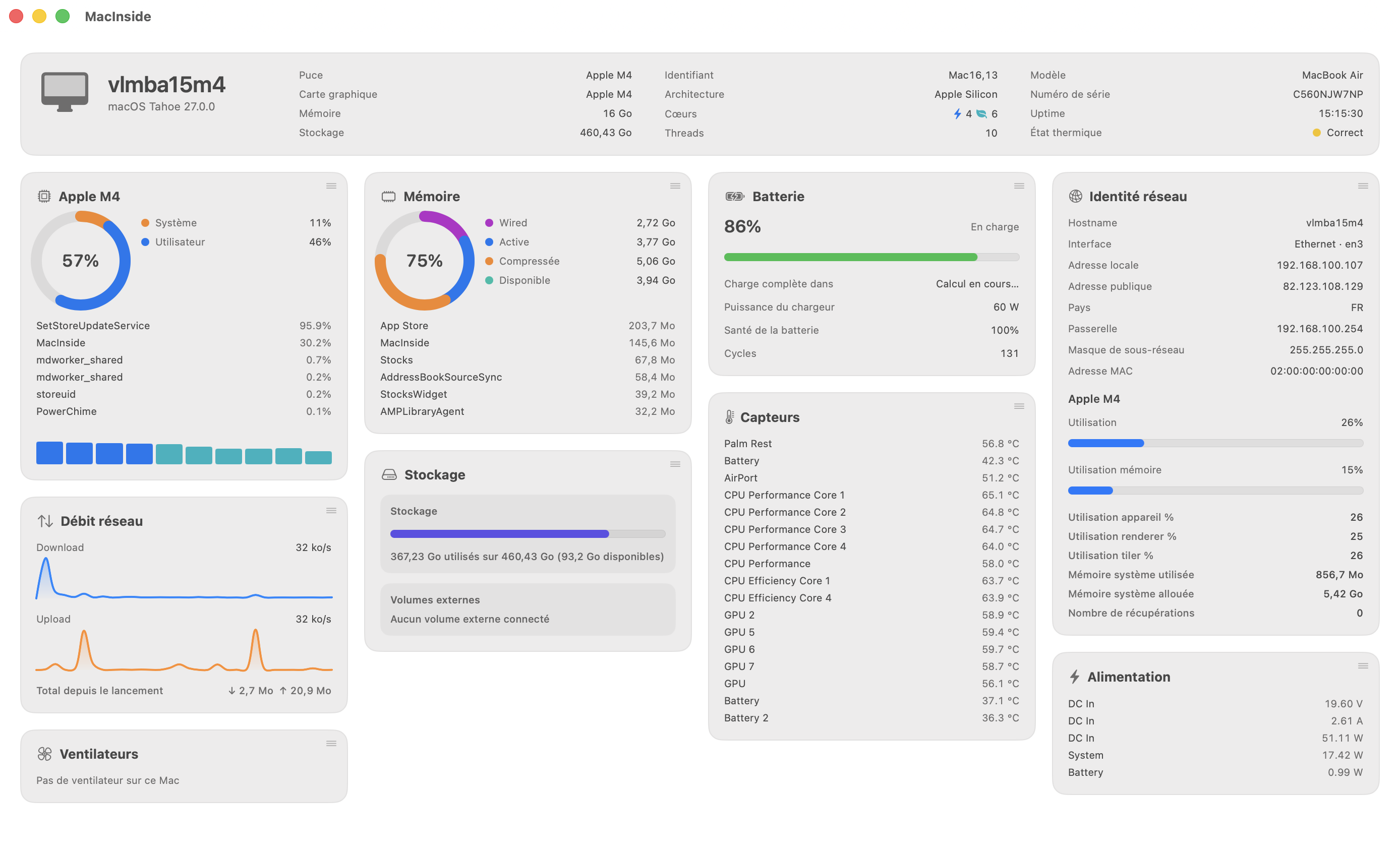 MacInside dashboard window showing CPU, memory, storage, network, sensors, power, battery and network identity cards