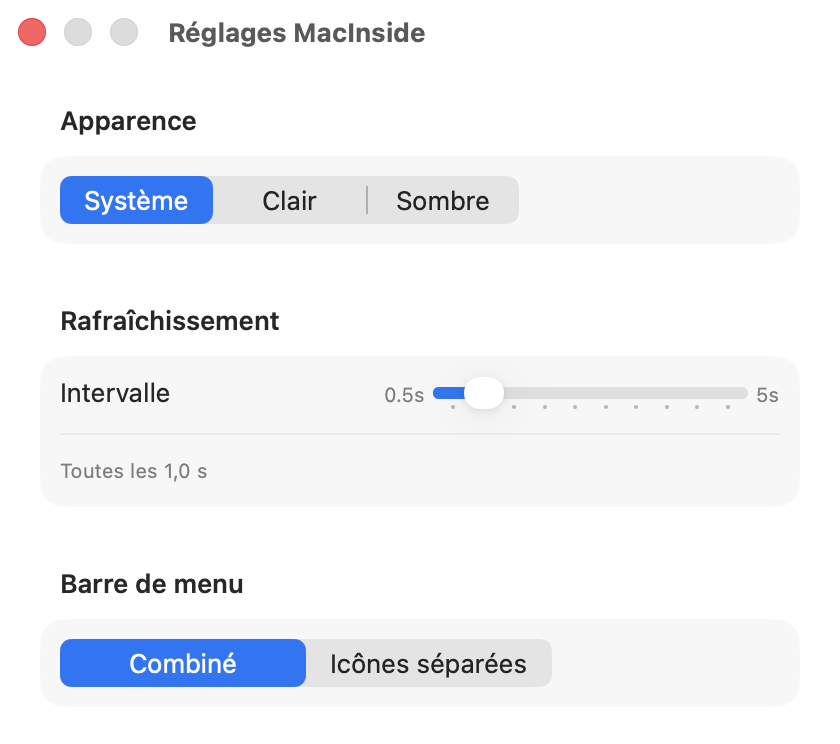 MacInside Settings window: appearance, refresh interval, and menu bar mode