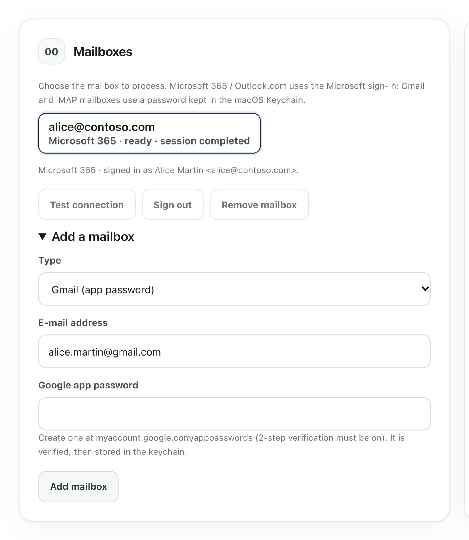 The Mailboxes card of the jevOutlook dashboard: a Microsoft 365 mailbox marked ready, and the form to add a Gmail mailbox with an app password