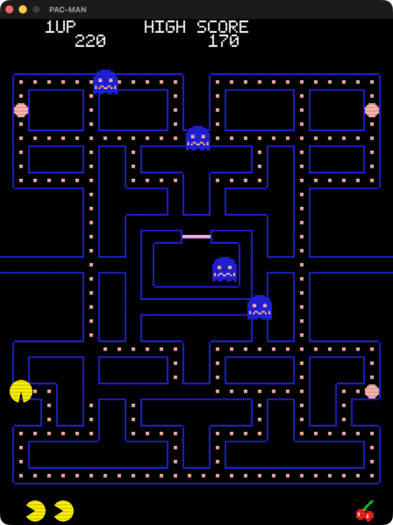 Pac-Man gameplay: the maze with all four ghosts turned blue after an energizer