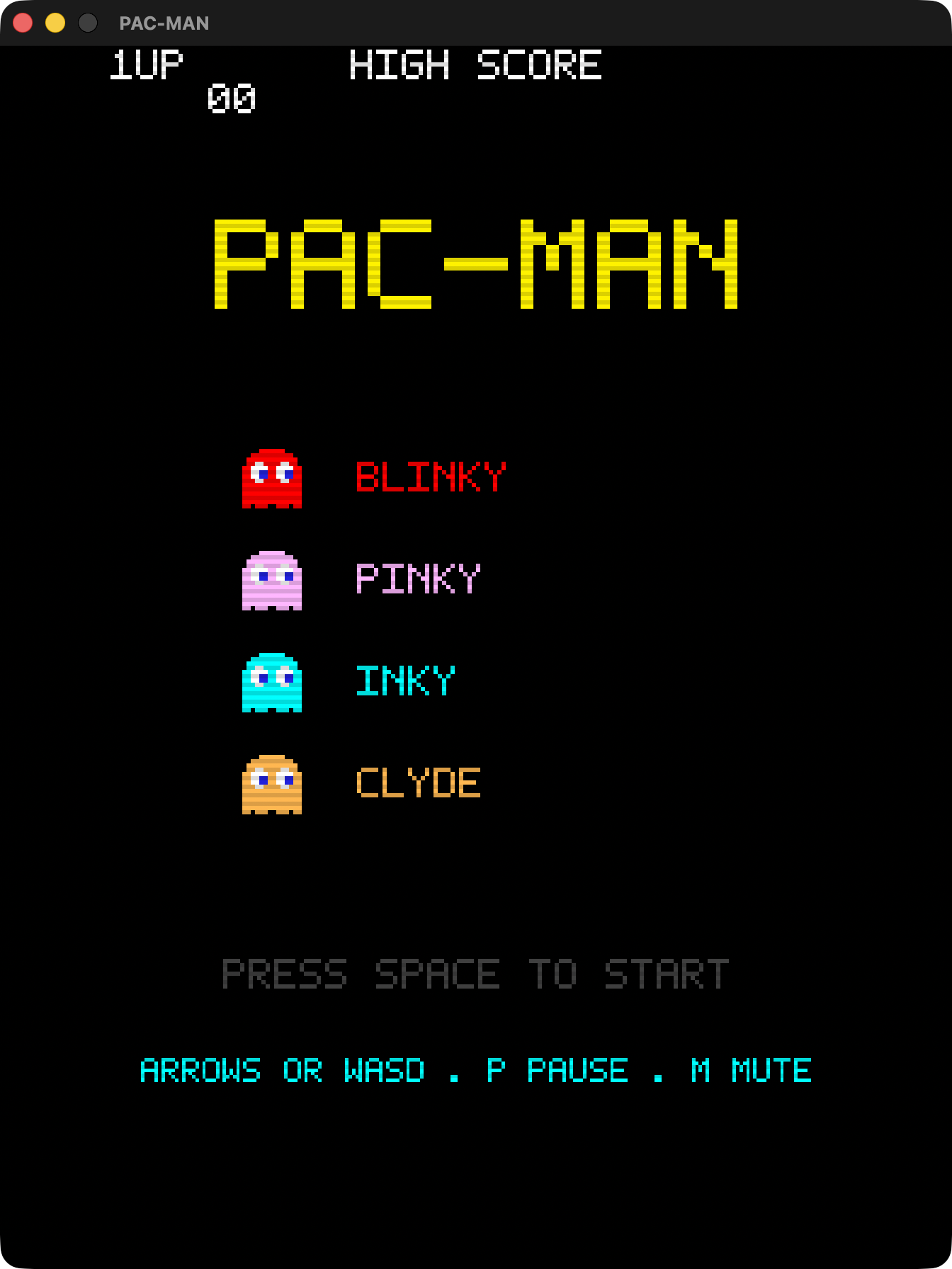 Pac-Man title screen listing the four ghosts