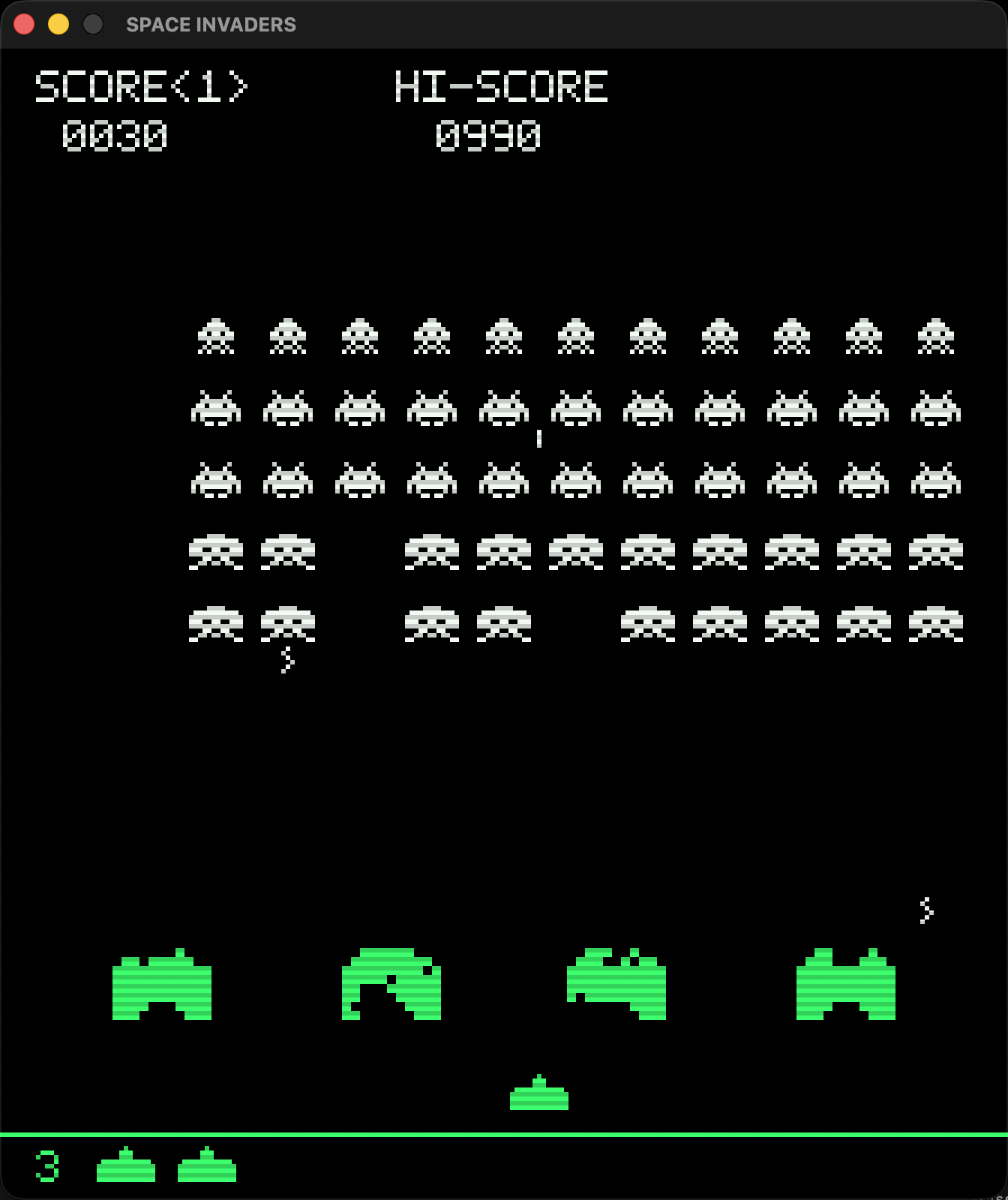 Space Invaders gameplay: invader grid, shields and cannon