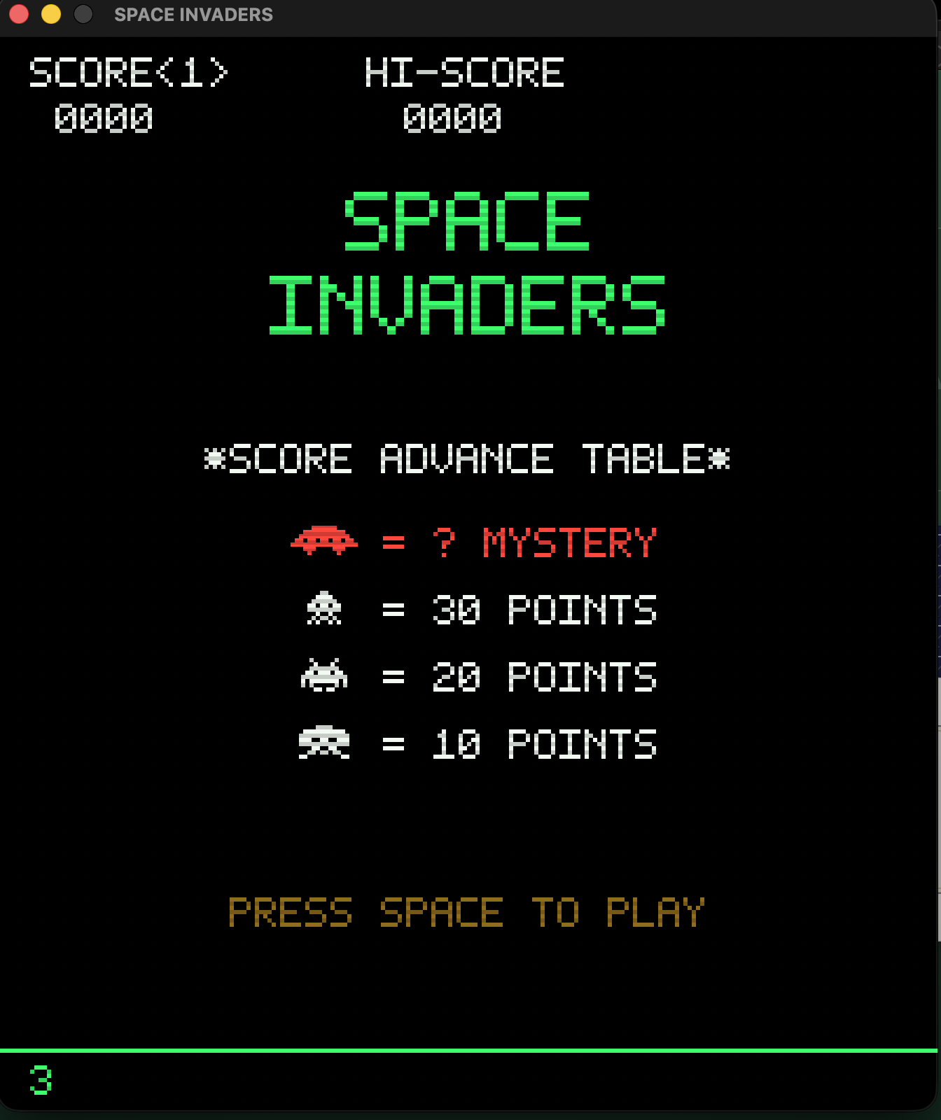Space Invaders title screen with score advance table