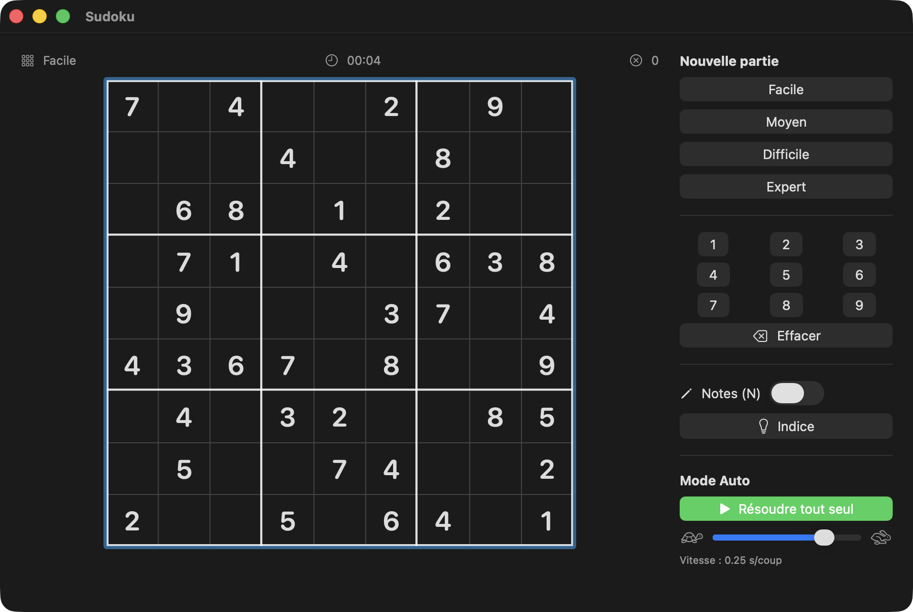 Sudoku running on macOS: the board mid auto-solve, side panel with difficulty levels and speed slider