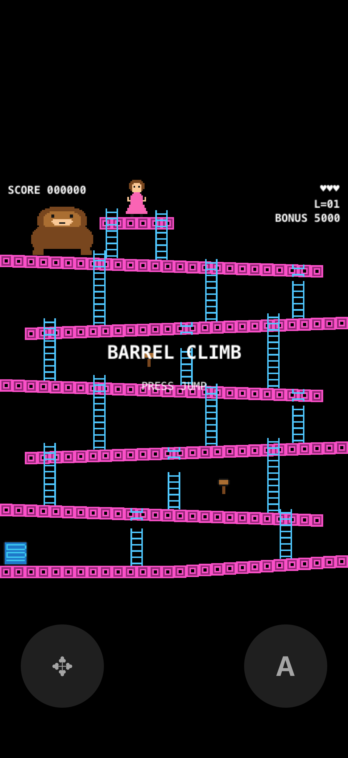 The game on an iPhone, with a round movement pad on the left and a jump button on the right.