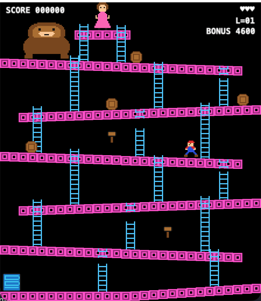 The barrels stage in play: magenta girders, cyan ladders, barrels rolling down toward the climber, the ape and the captive at the top.